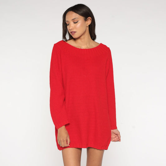 80s Red Ribbed Knit Sweater Wide Neckline Slouchy Pullover Large L