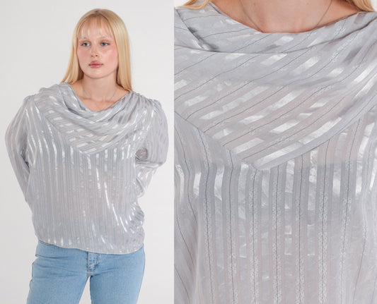 80s Metallic Silver Striped Cowl Neck Blouse Long Sleeve Semi-Sheer Large L
