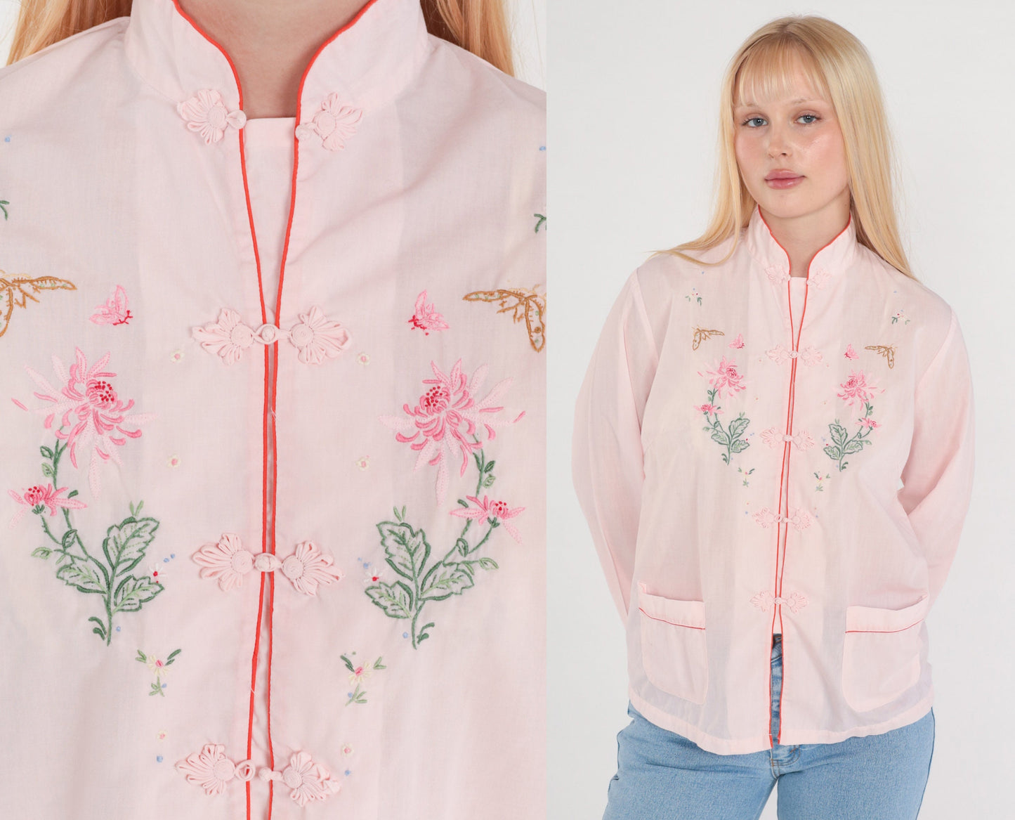 80s Baby Pink Mandarin Collar Blouse Butterfly Floral Embroidered Frog Button Small