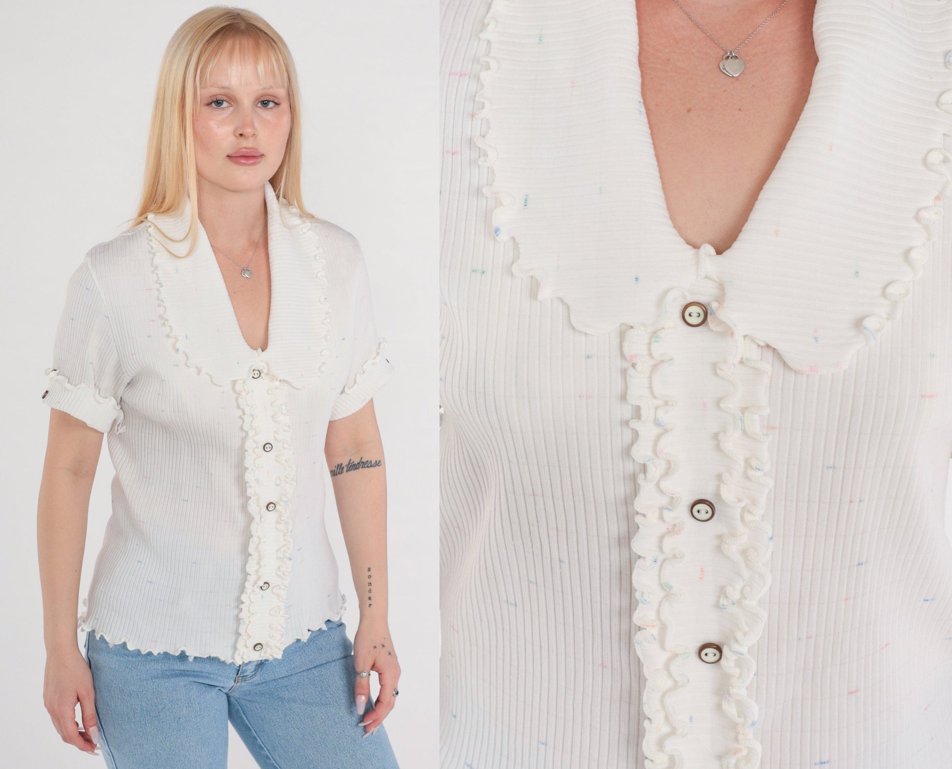 70s White Ribbed Blouse Rounded Collar Ruffle Short Sleeve Medium M