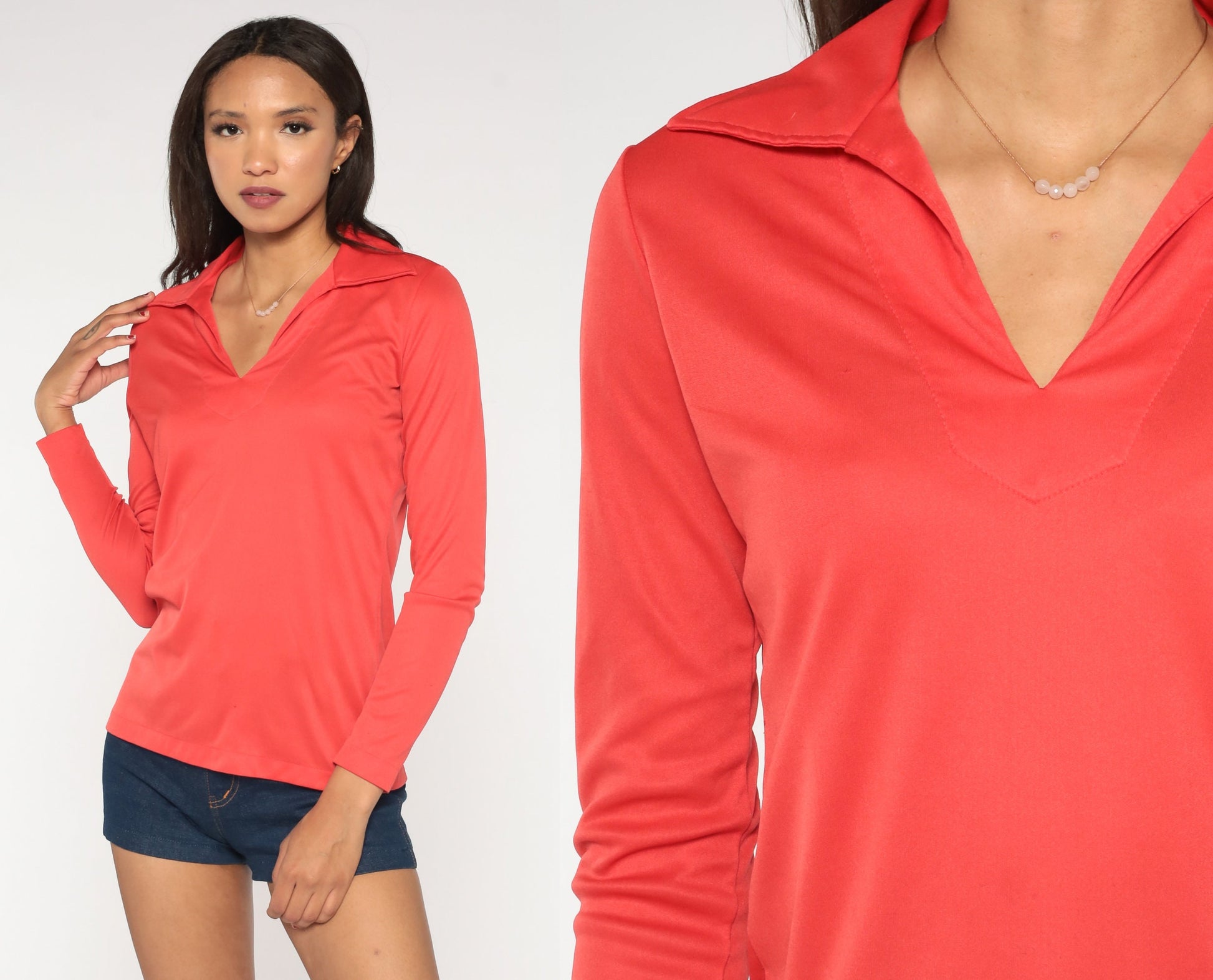 70s Red V-Neck Shirt Long Sleeve Polyester Blouse Dagger Collar Medium