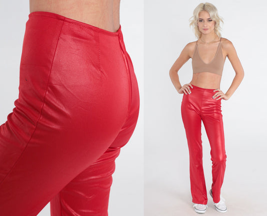 90s Red Shiny Low Rise Flared Trousers Extra Small XS
