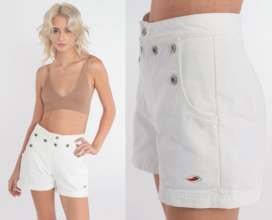 90s White Denim Shorts High Waist Chili Pepper Embroidered Jean Shorts Extra Small