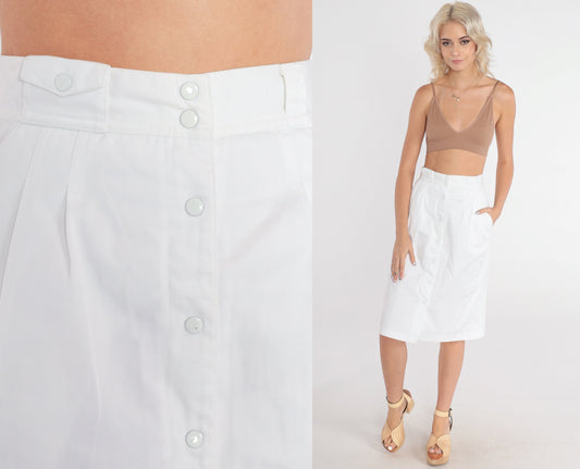 80s Chaus Petites White Snap-Front Pencil Skirt High Waist Knee Length Extra Small