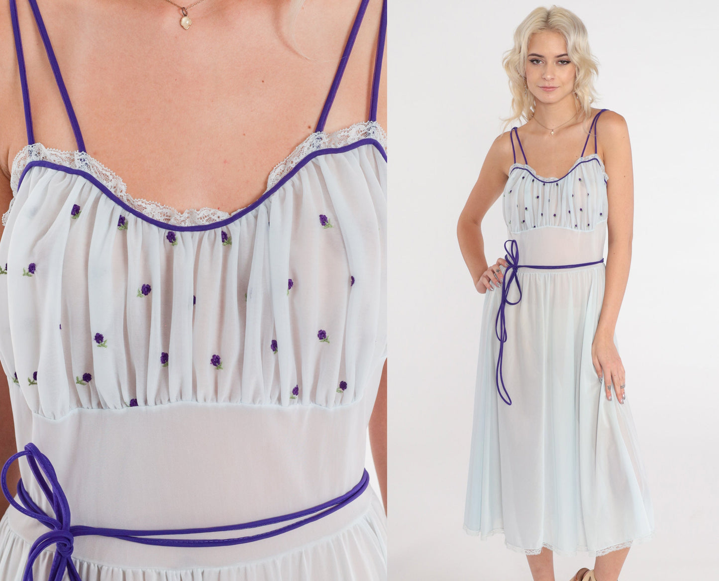70s Sheer Blue Nightgown Floral Embroidered Lace Trim Empire Waist Midi Small