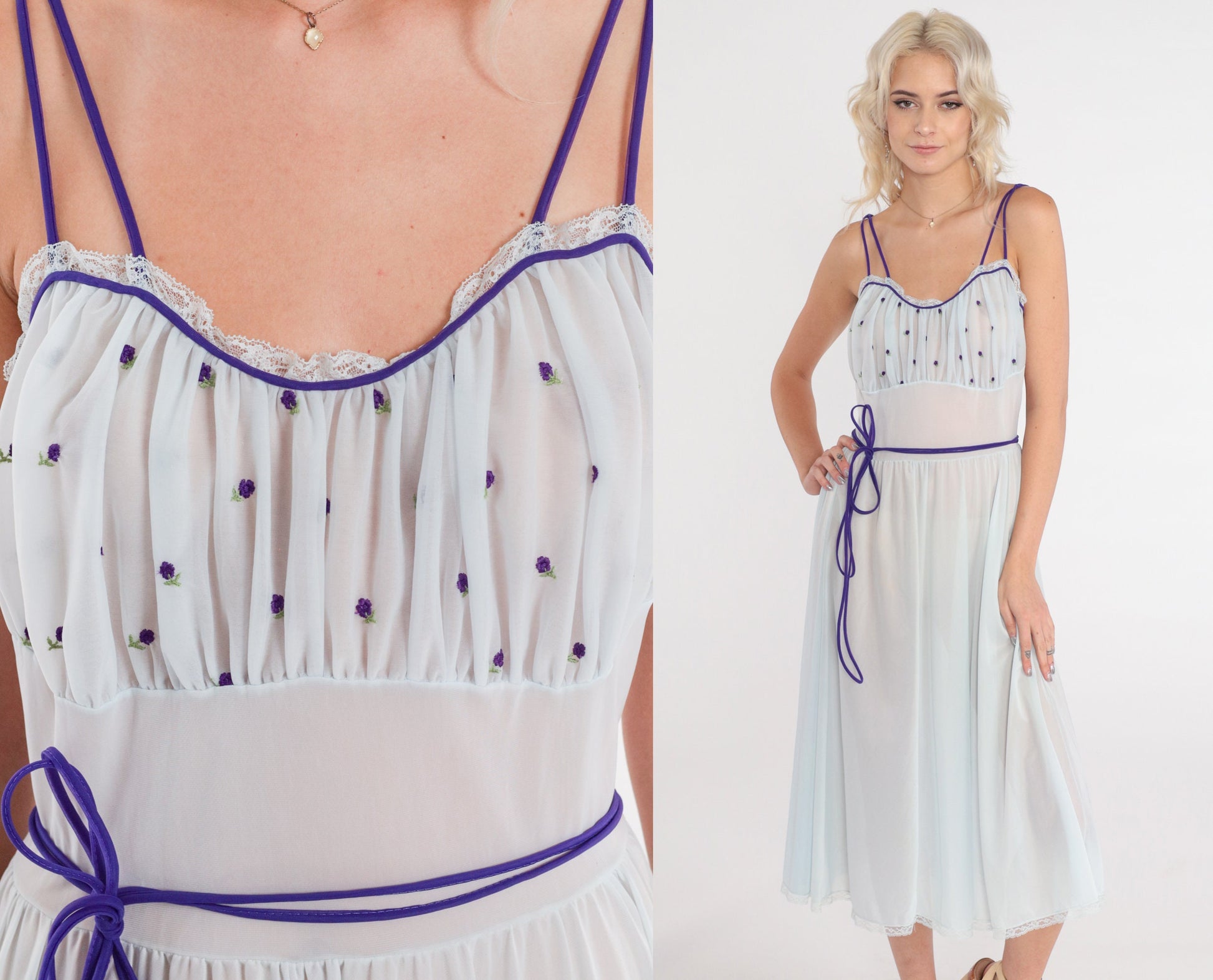 70s Sheer Blue Nightgown Floral Embroidered Lace Trim Empire Waist Midi Small