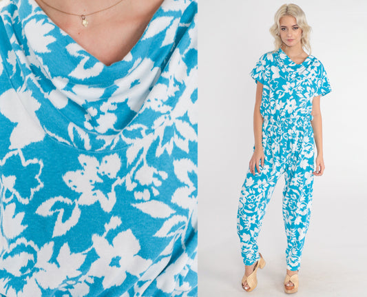 80s Blue Floral Jumpsuit White Print Cowl Neck Tapered Leg Medium Large