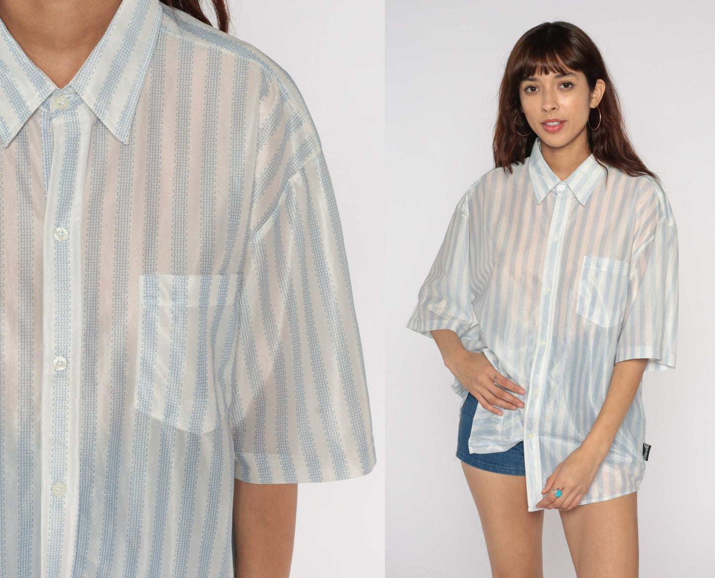 70s Dragonfly Sheer Button Up Shirt White Blue Striped Disco Men's Extra Large