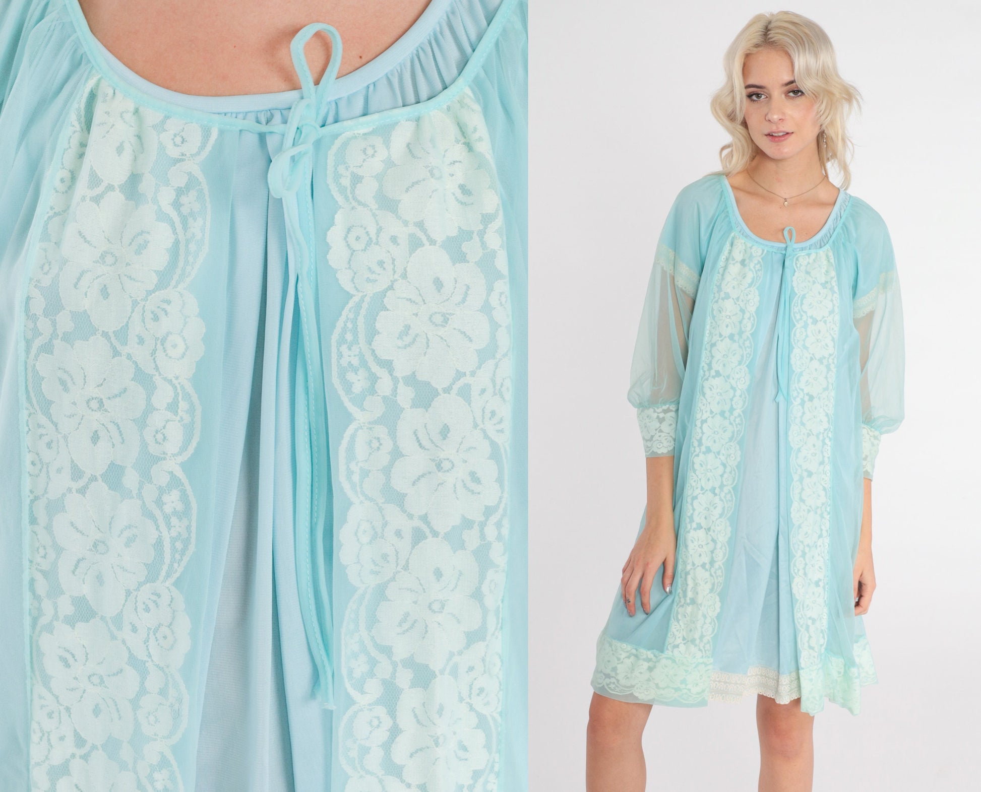 70s Sheer Blue Nylon Lingerie Robe Lace Trim Tie Front Medium M