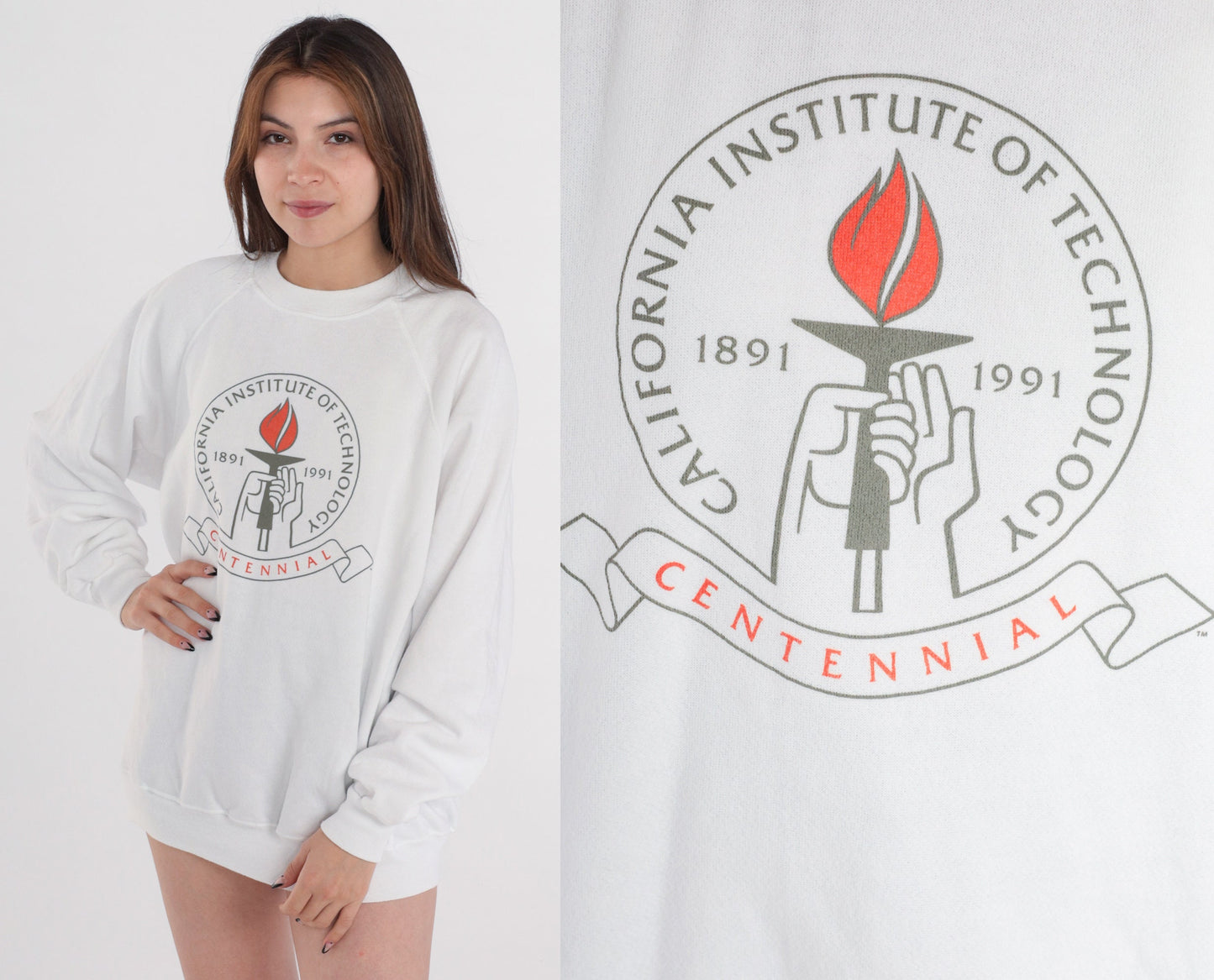 90s Caltech California Institute of Technology Raglan Sweatshirt White Centennial Extra Large XL