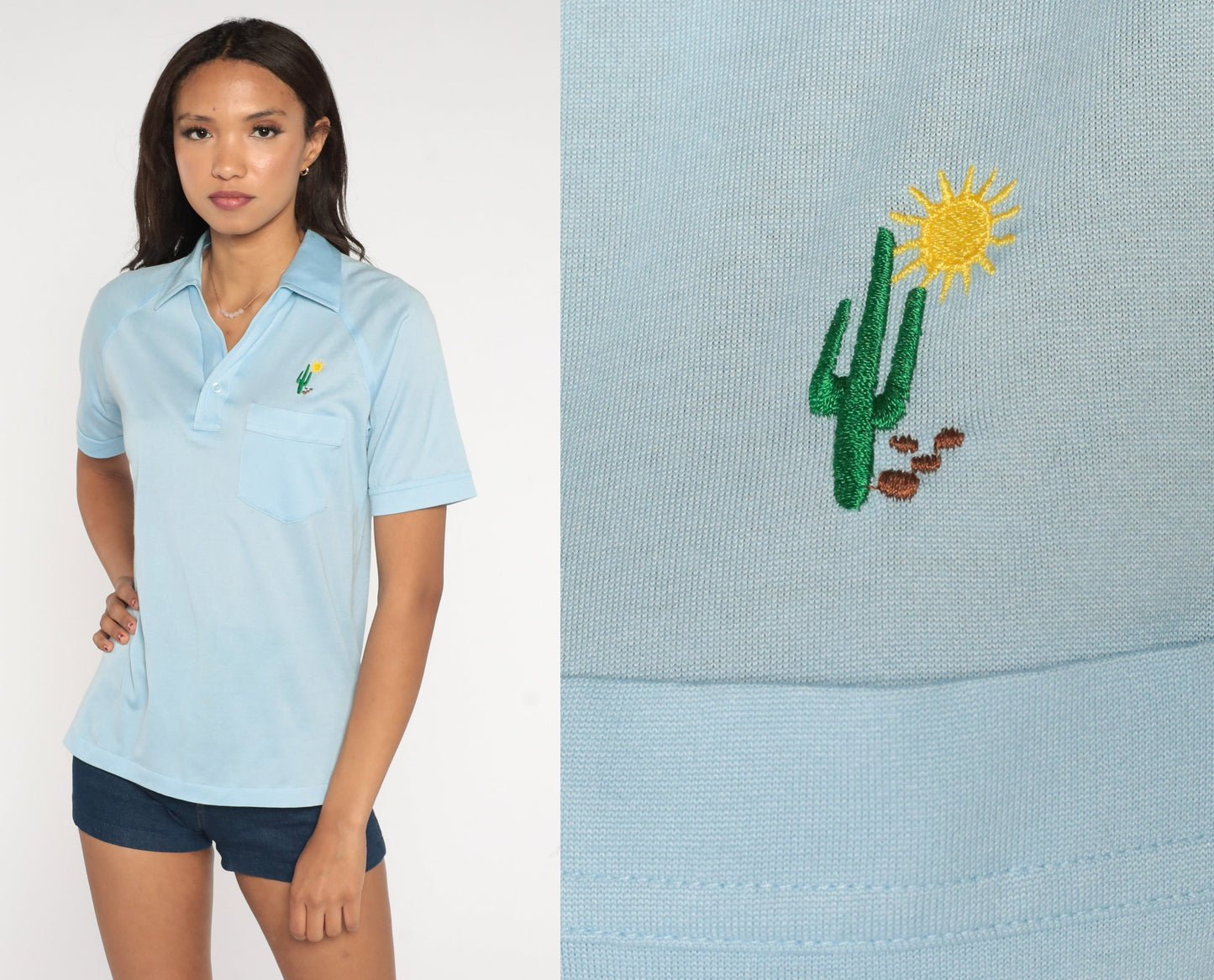 70s Robert Bruce Polo Shirt Baby Blue Cactus Embroidered Small