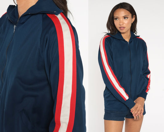 80s Pro Tour Track Jacket Navy Blue Red White Stripe Zip Raglan Medium