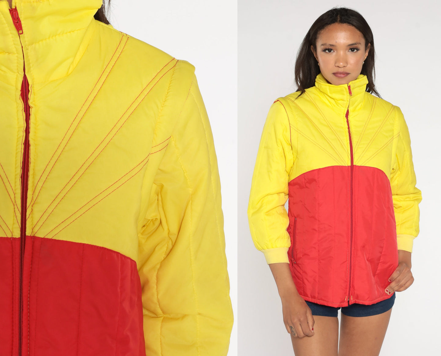 70s Yellow Red Colour Block Puffer Ski Jacket Convertible Zip Sleeves Extra Small