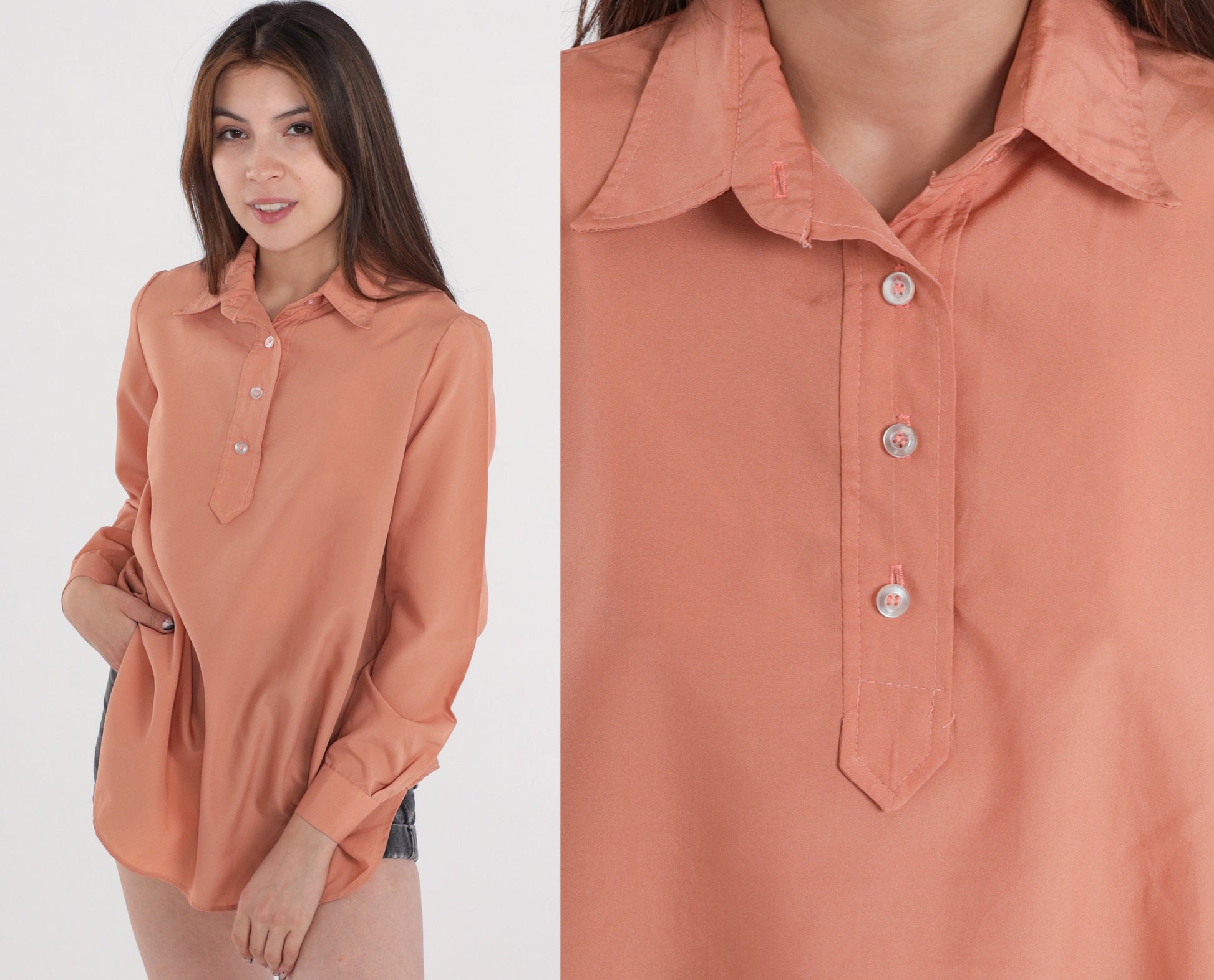 80s Salmon Collared Blouse Half-Button Long Sleeve Tunic Top Medium