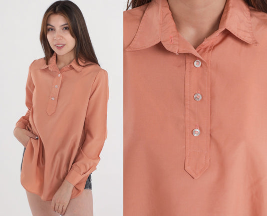 80s Salmon Collared Blouse Half-Button Long Sleeve Tunic Top Medium