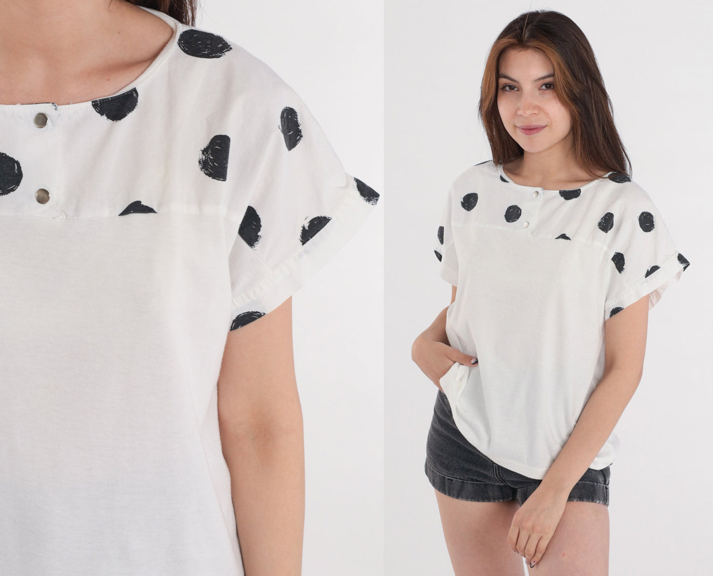 90s Polka Dot Henley Shirt White Black Short Sleeve Button Tee Medium