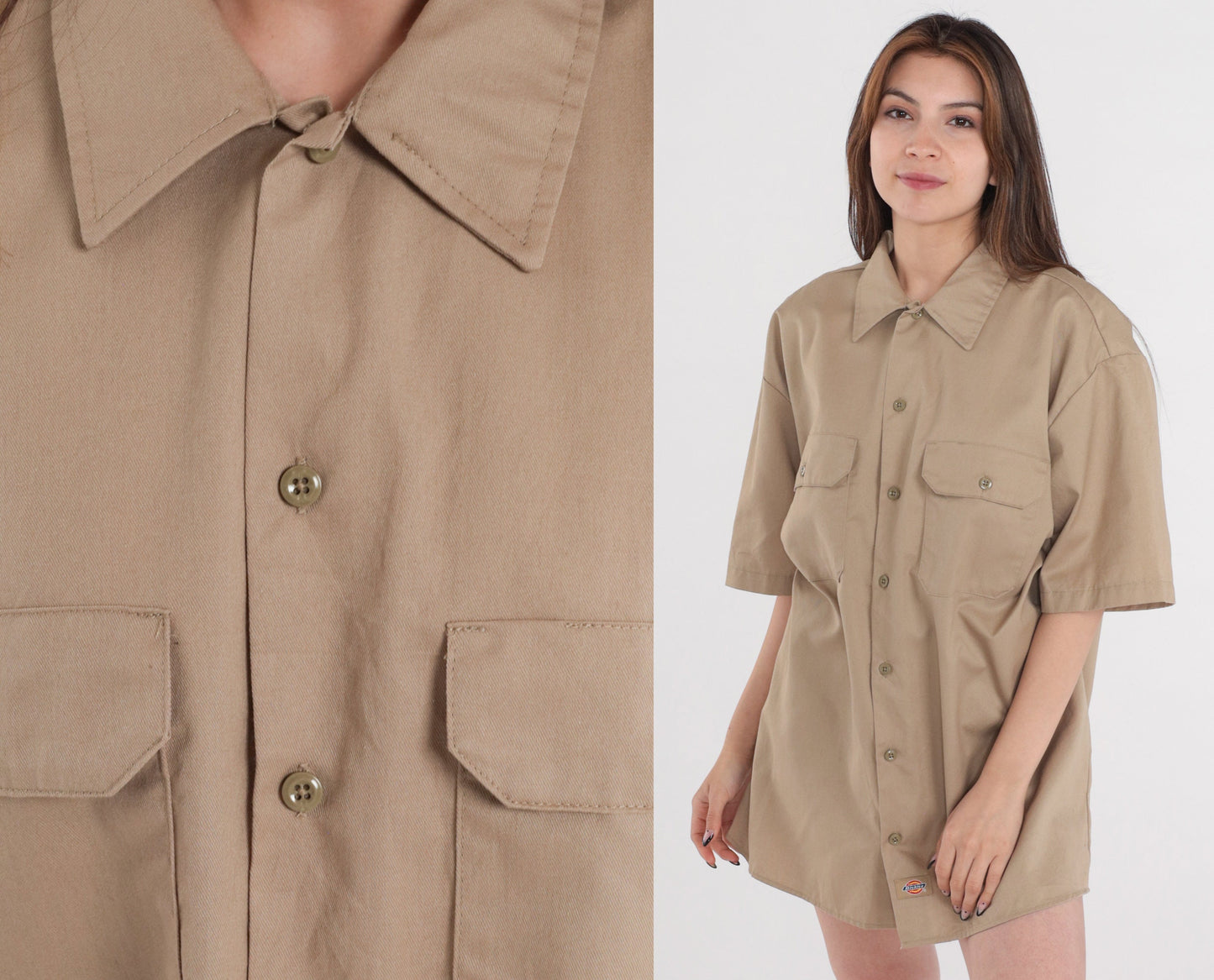 Dickies Y2K Khaki Button-Up Utility Shirt Short Sleeve Cotton Mens Large L