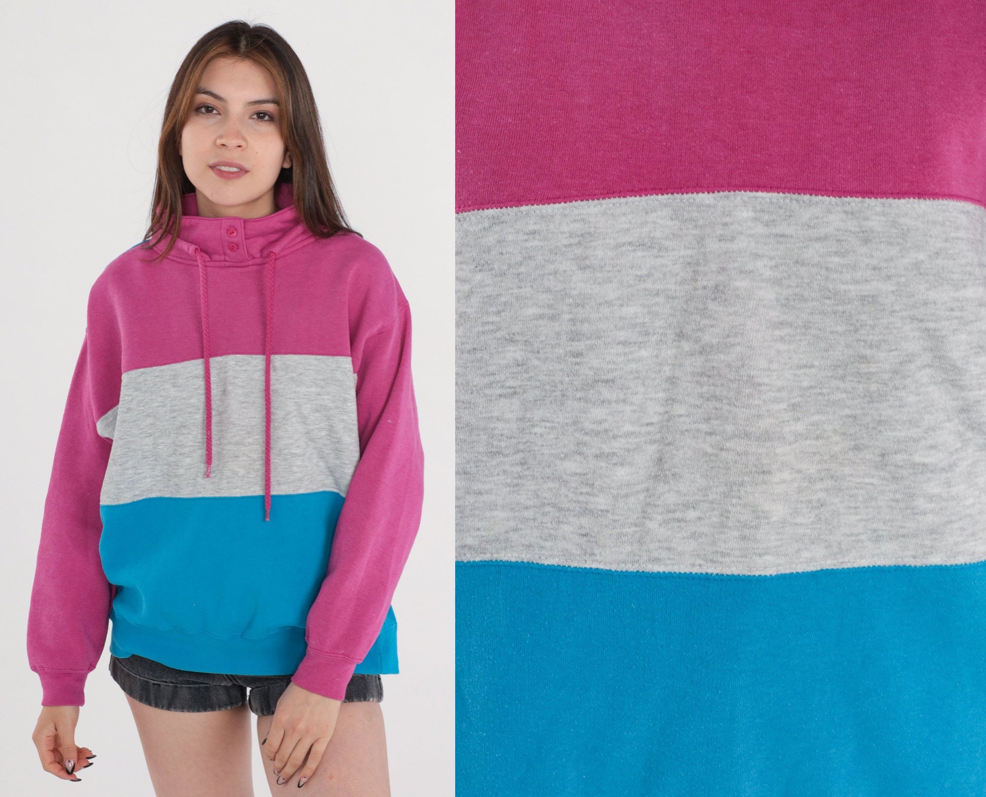 90s Striped Sweatshirt Pink Grey Blue Drawstring High Neck Large L