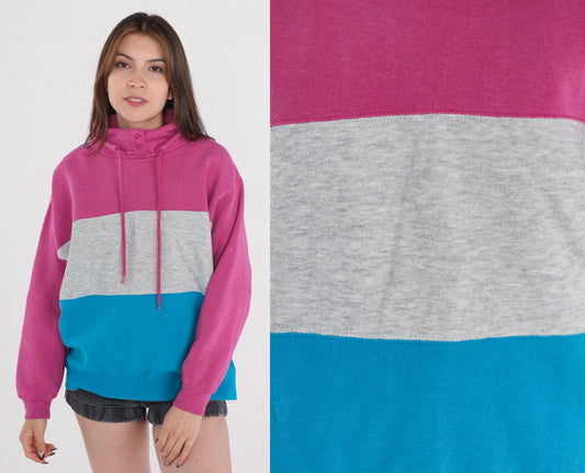 90s Striped Sweatshirt Pink Grey Blue Drawstring High Neck Large L