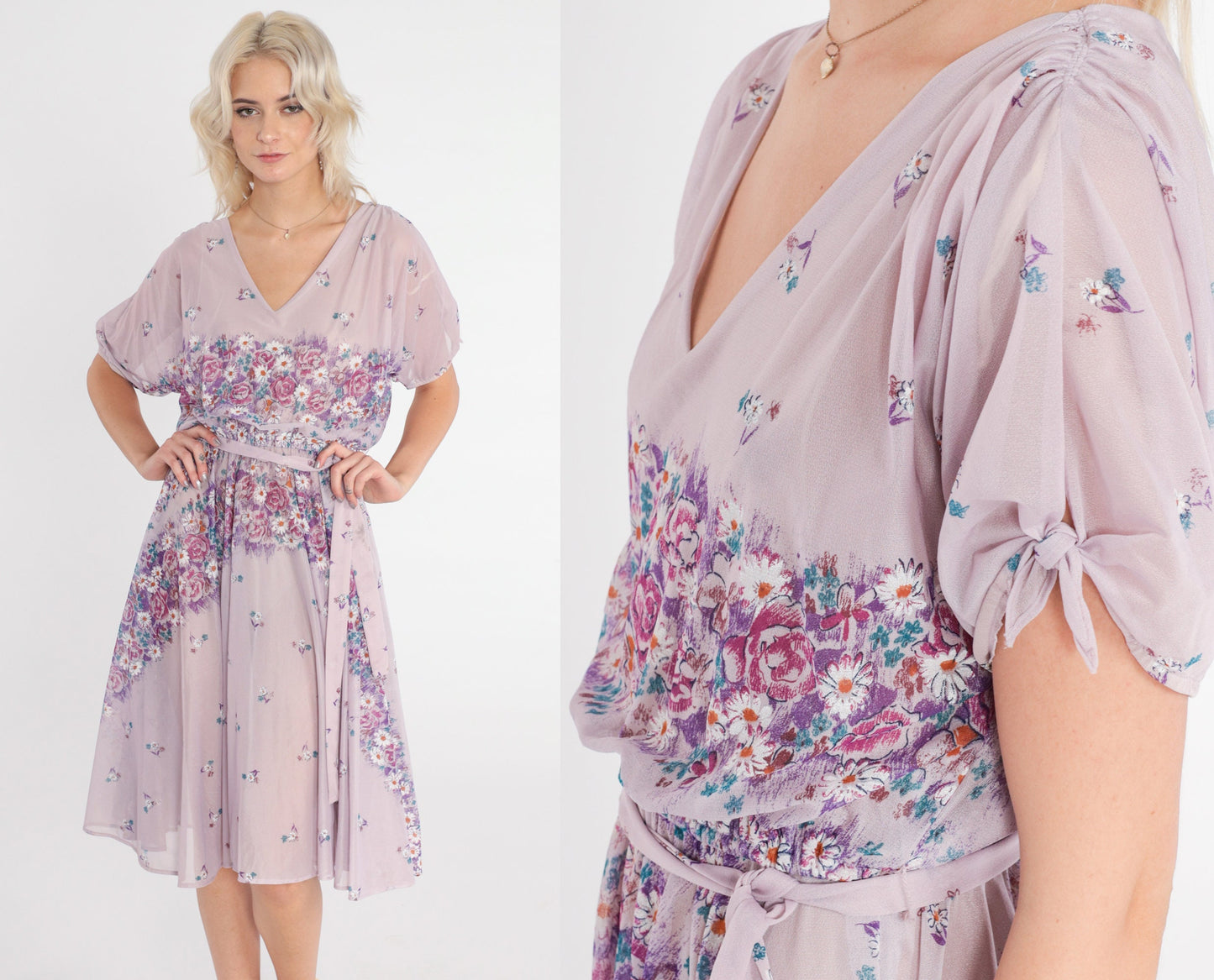 70s Lavender Floral Midi Dress High Waisted Sheer Purple Small Medium