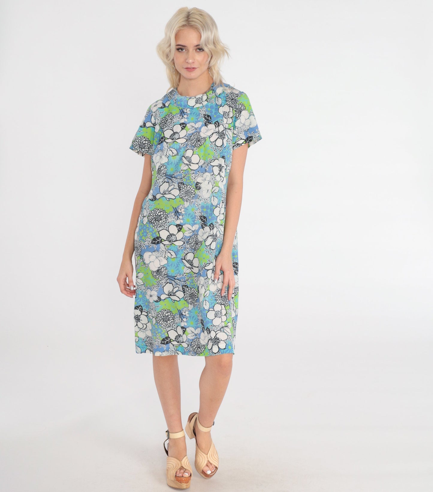 60s Floral Print Shift Dress Mini Blue Green Mod Round Collar Medium