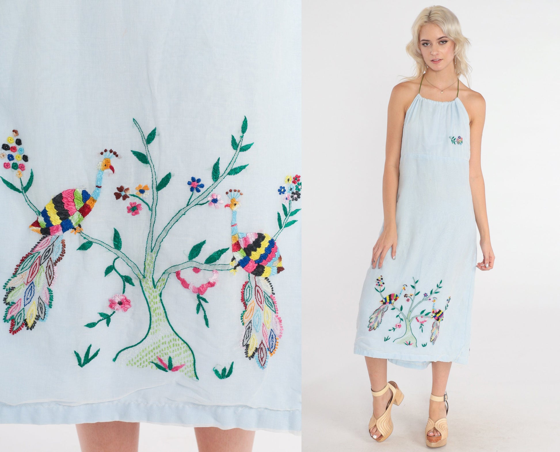 70s Blue Floral Peacock Embroidered Halter Midi Dress Open Back Empire Waist Small