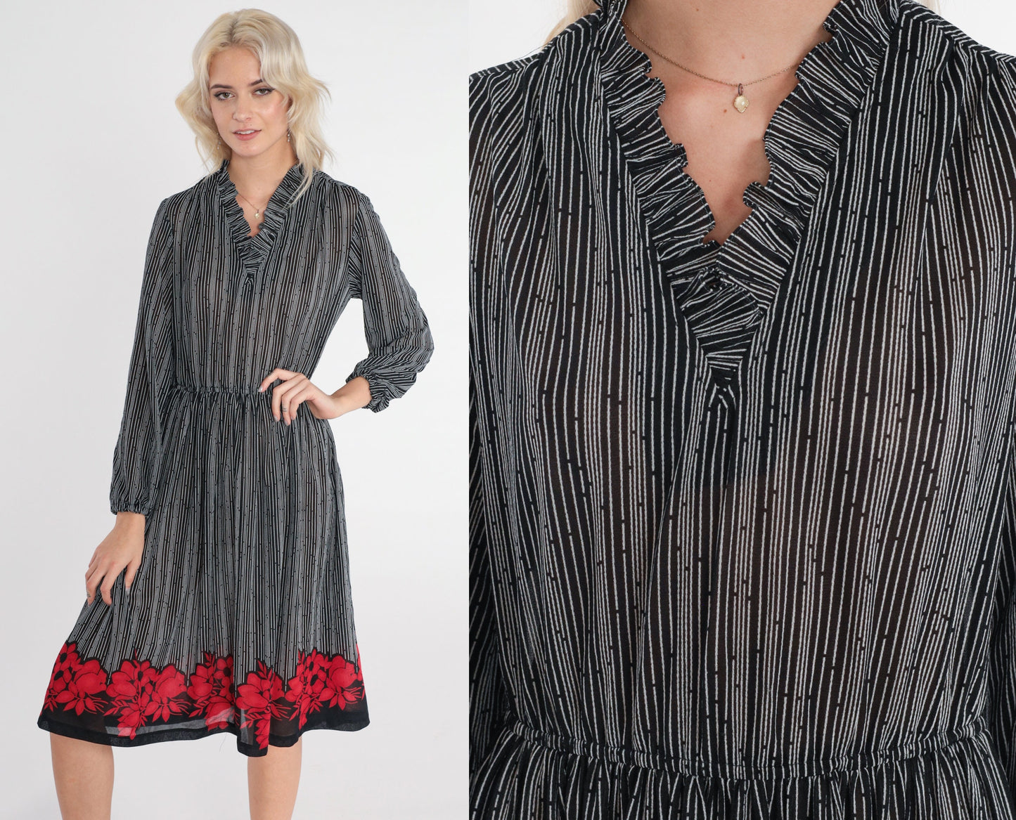 70s Striped Floral Midi Dress Black White Red Flower Print Long Sleeve Small