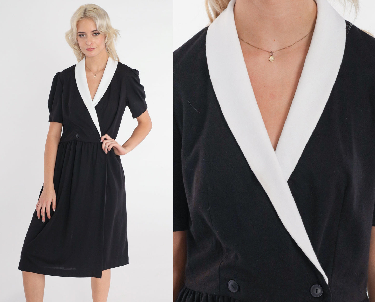 80s Black and White Collared Midi Wrap Dress Puff Sleeve High Waist Medium