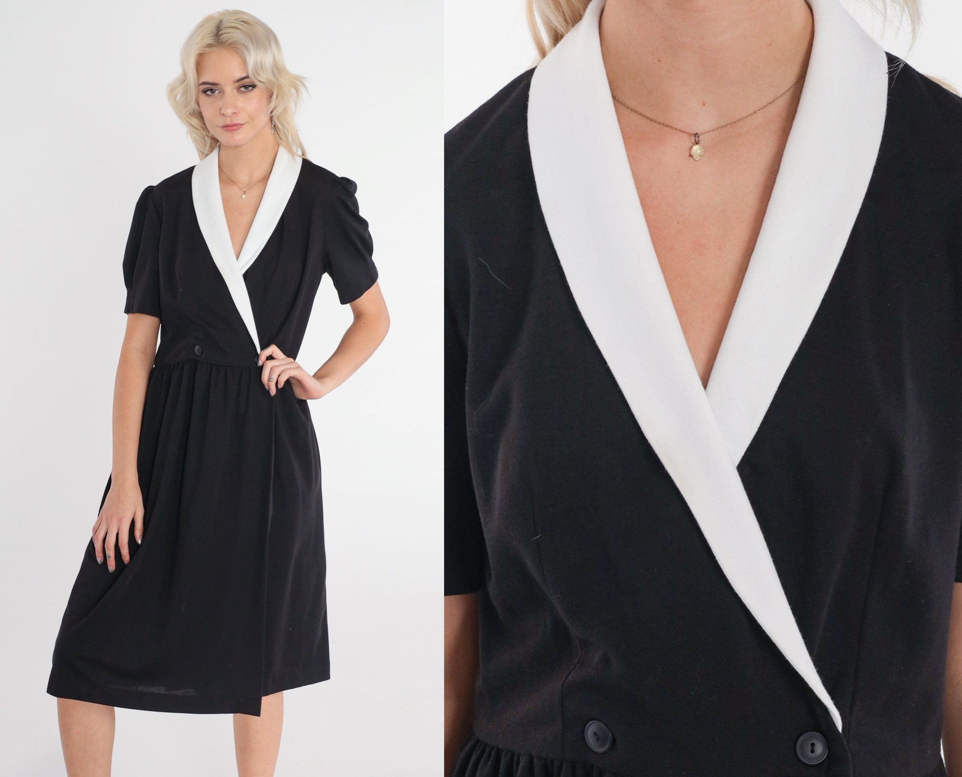 80s Black and White Collared Midi Wrap Dress Puff Sleeve High Waist Medium