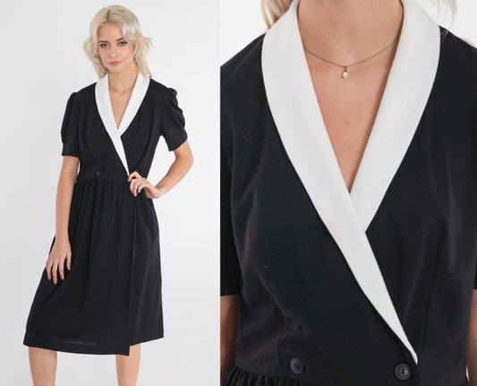 80s Black and White Collared Midi Wrap Dress Puff Sleeve High Waist Medium