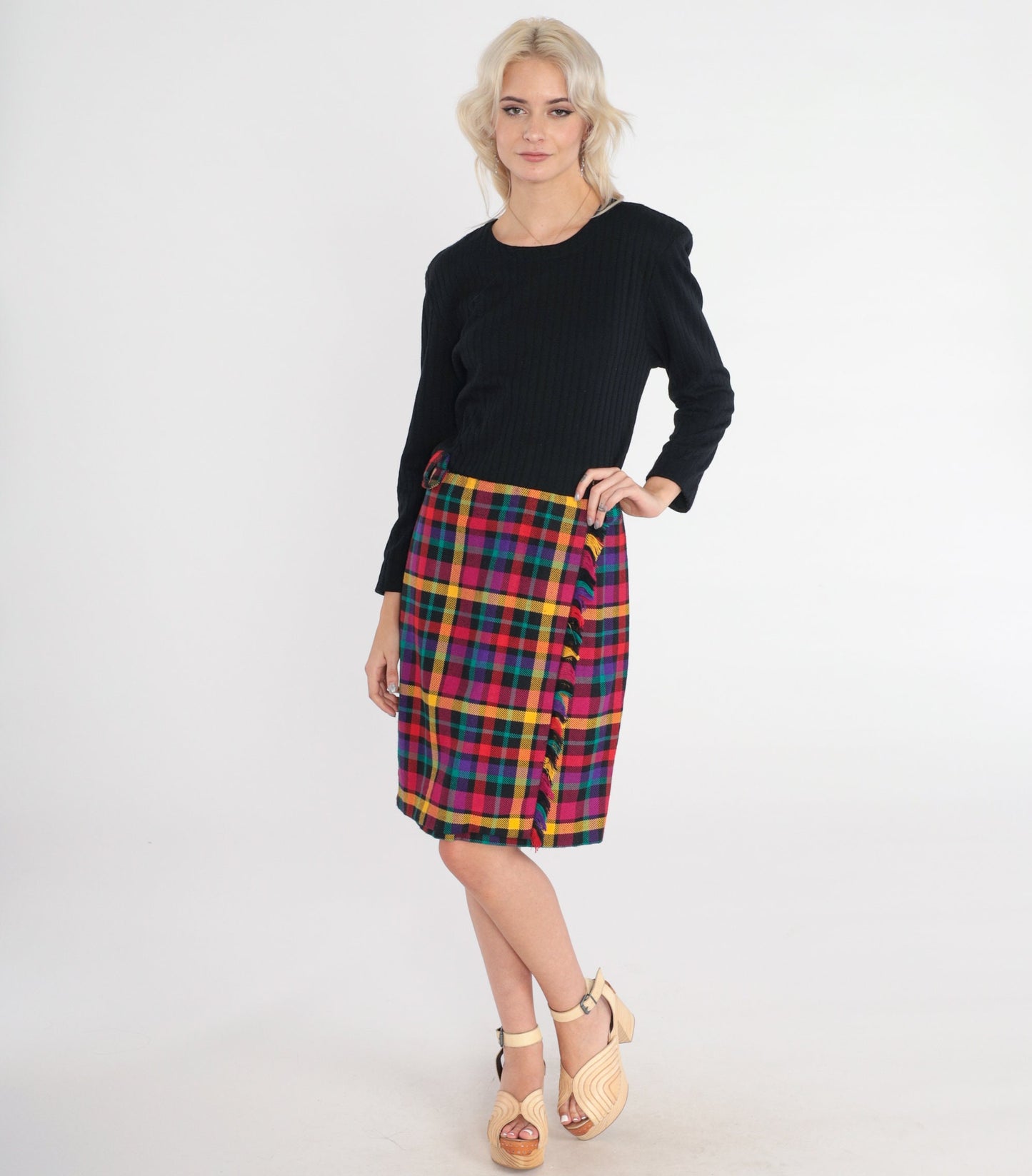 70s Black Plaid Wool Blend Midi Dress Long Sleeve High Waist Medium