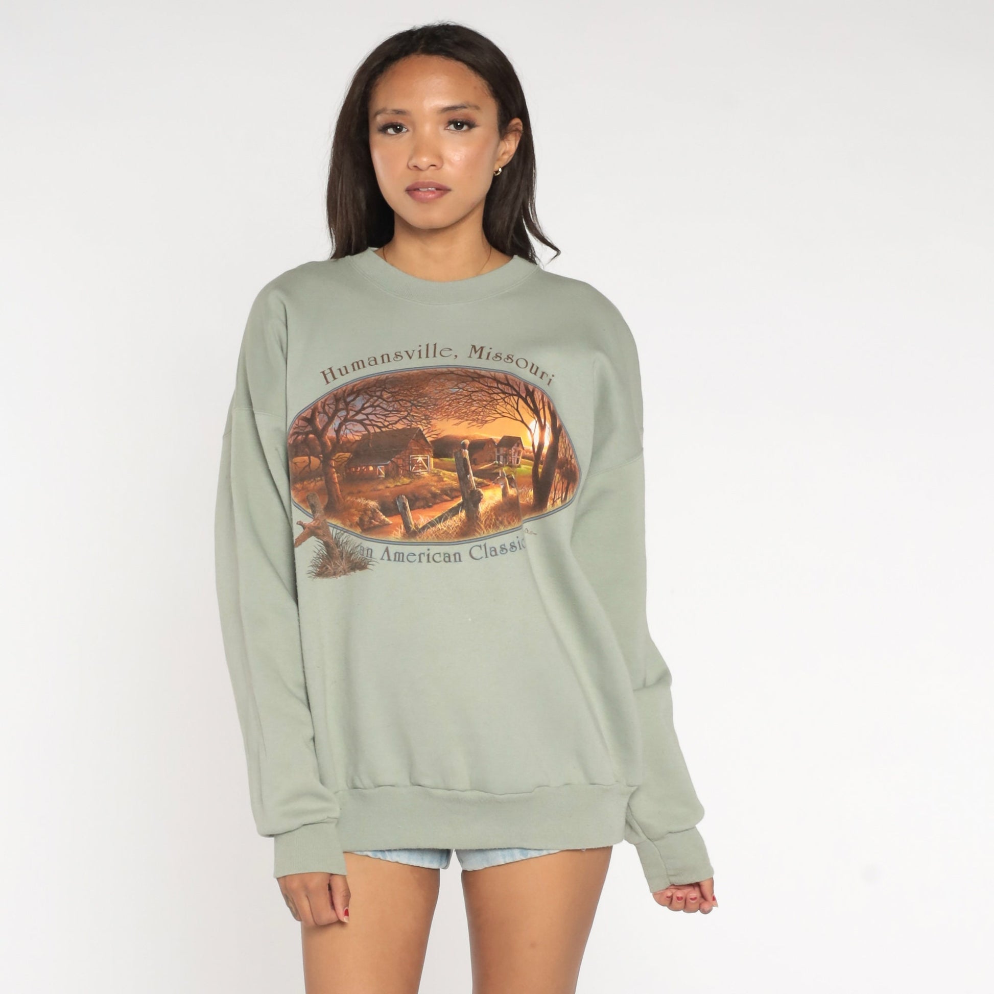 90s Humansville Missouri Farm Graphic Sweatshirt Moss Green Crewneck Extra Large XXL