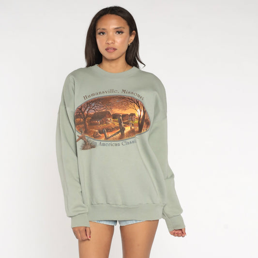 90s Humansville Missouri Farm Graphic Sweatshirt Moss Green Crewneck Extra Large XXL