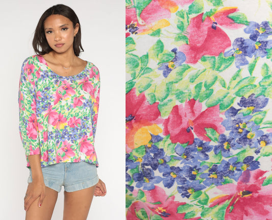 90s Floral Long Sleeve Shirt Flower Print Cotton Blend Women's 14/16