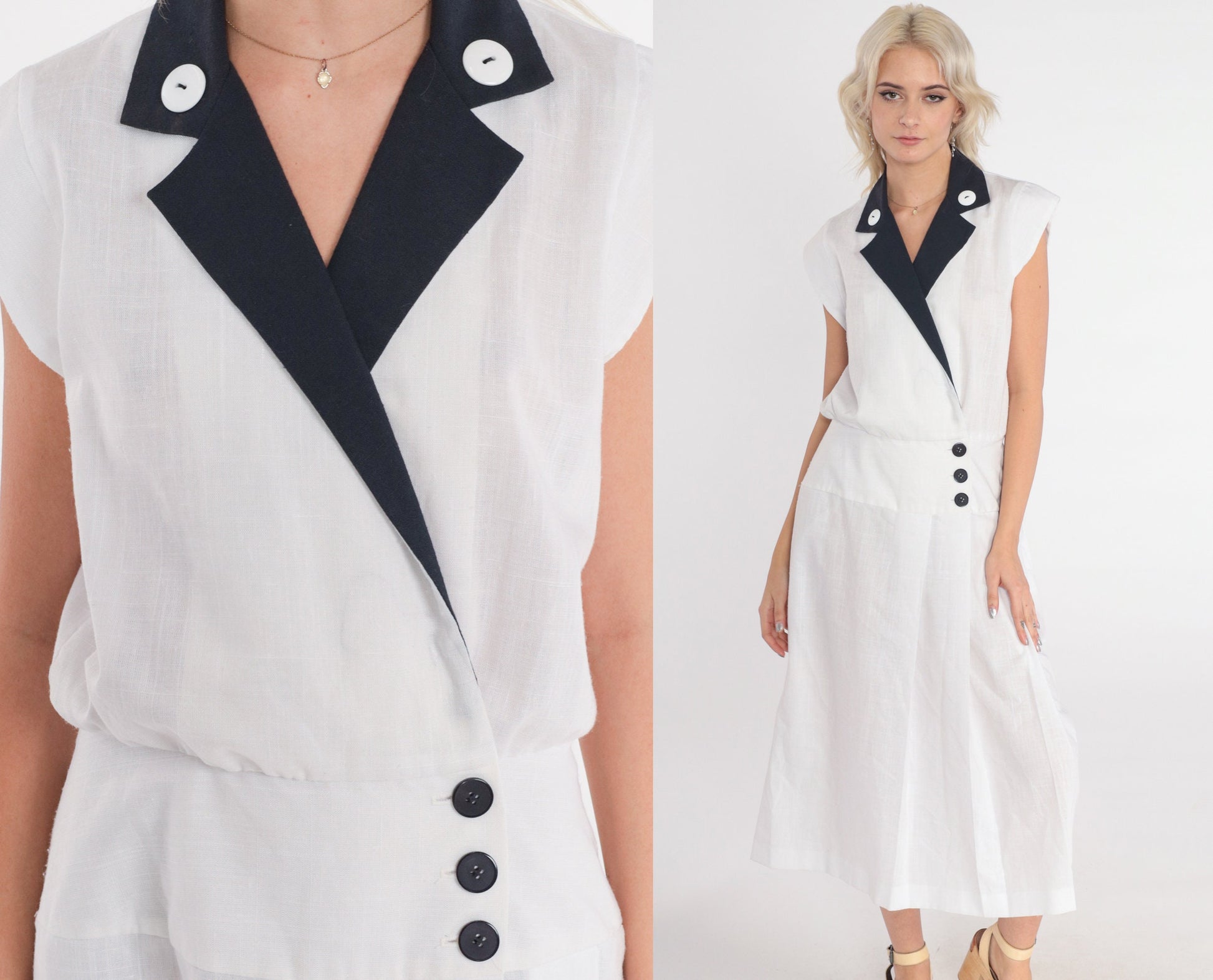 80s White Midi Wrap Dress Black Collar Cap Sleeve Button-Up Small