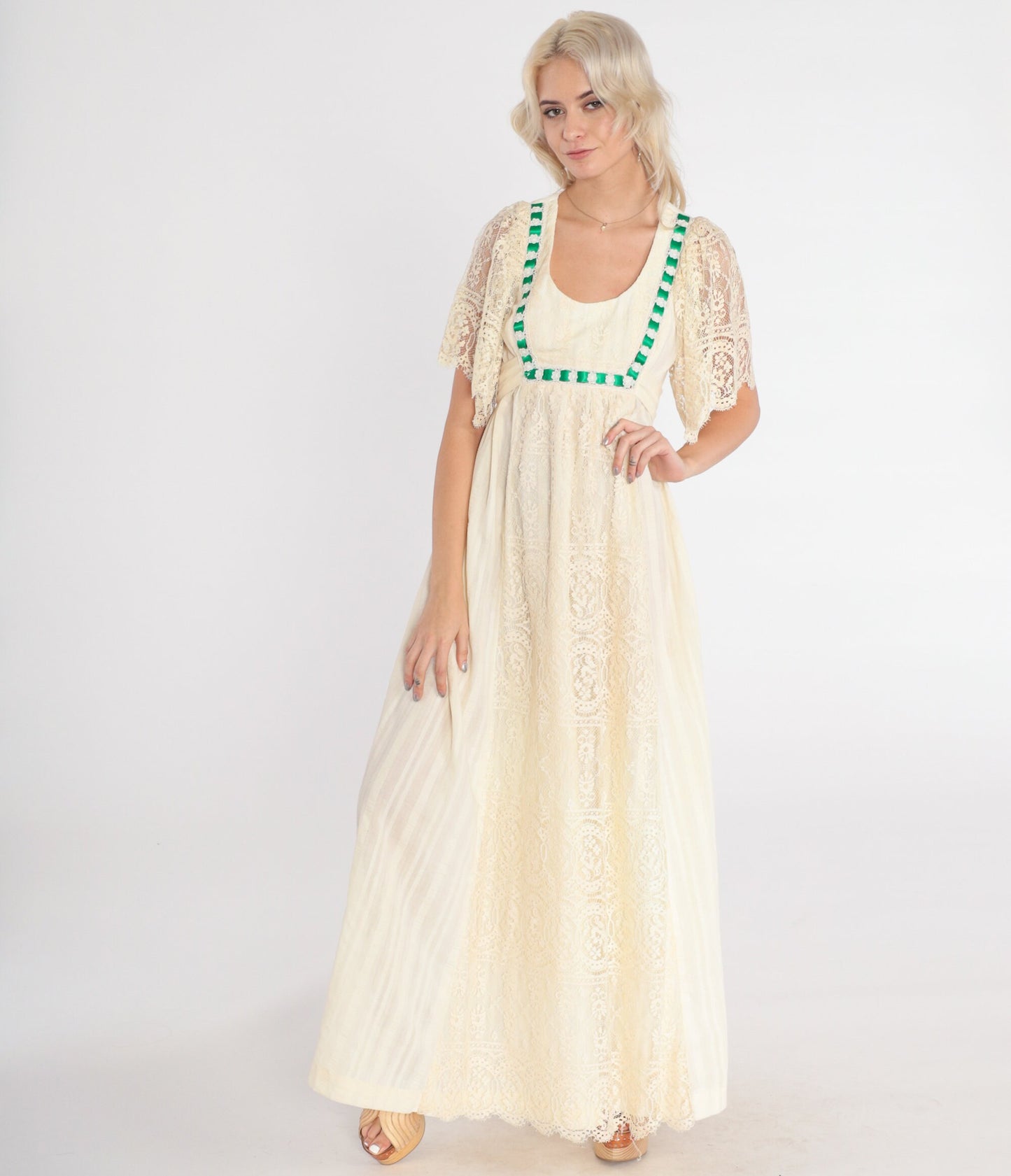 70s Cream Lace Maxi Dress Floral Green Ribbon Empire Waist Bell Sleeve Extra Small