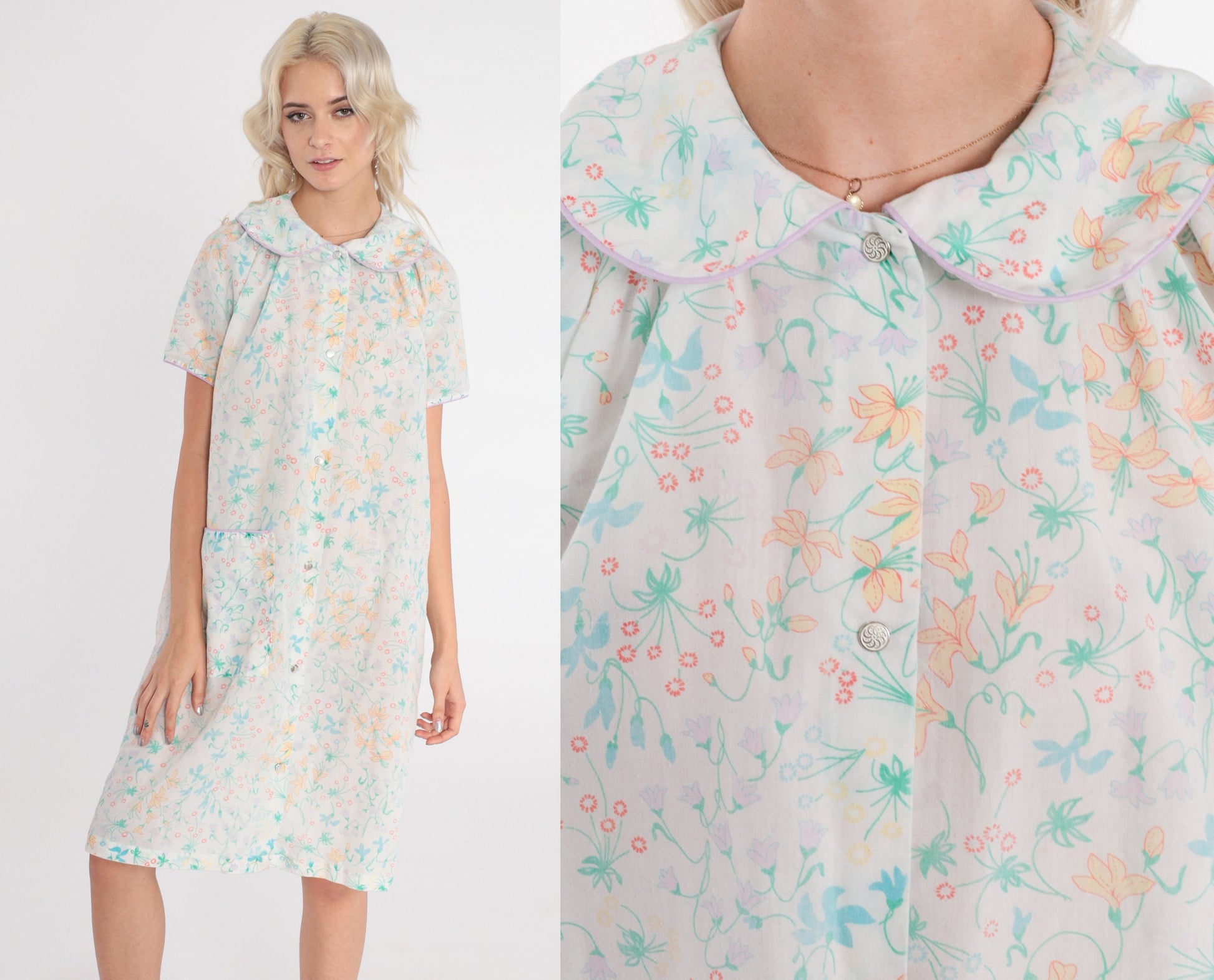 80s Floral White Nightgown Semi-Sheer Peter Pan Collar Snap Front Knee Length Medium