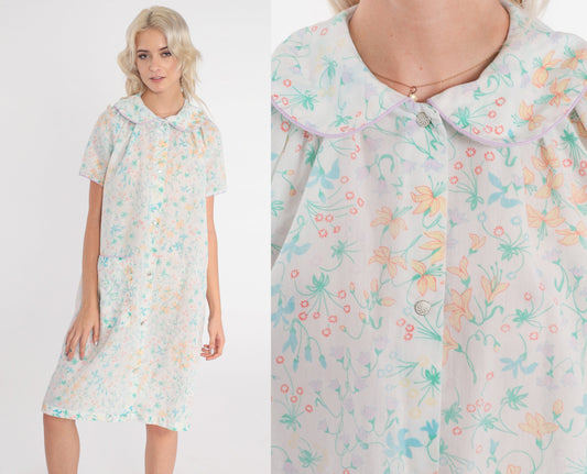 80s Floral White Nightgown Semi-Sheer Peter Pan Collar Snap Front Knee Length Medium
