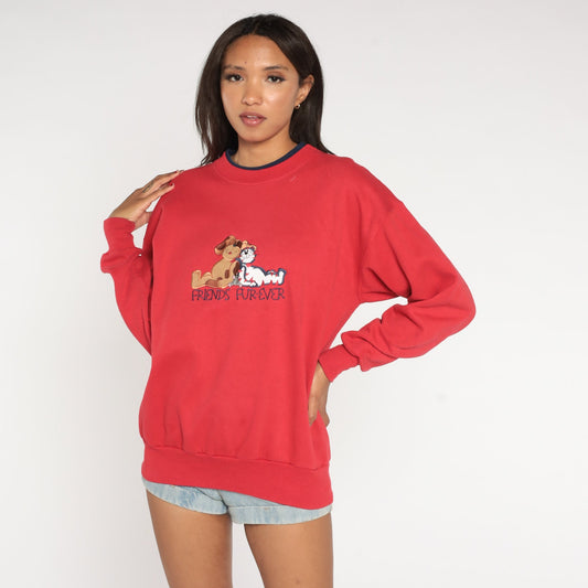 90s Cat Dog Friends Fur-ever Sweatshirt Red Graphic Crewneck Medium