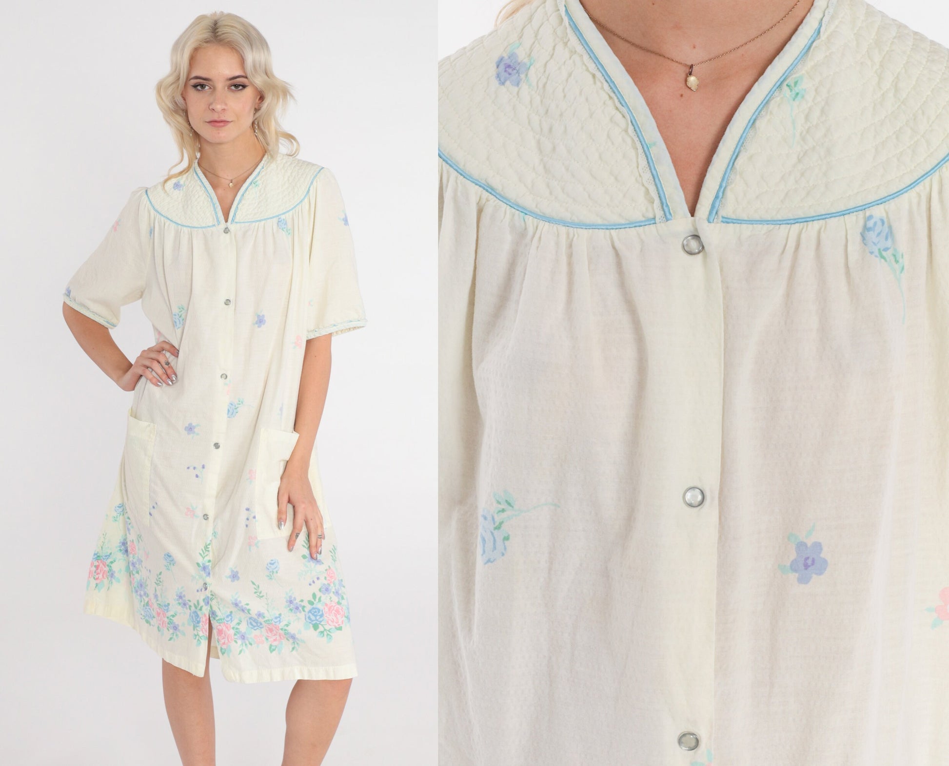 80s Pale Yellow Floral Nightgown Midi Snap-Front Pajama Dress Pockets Large L