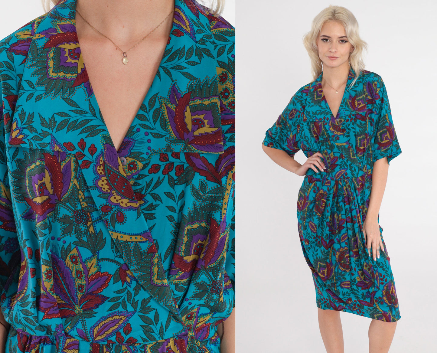 80s Blue Silk Floral Midi Dress High Waisted Collared V Neck Small