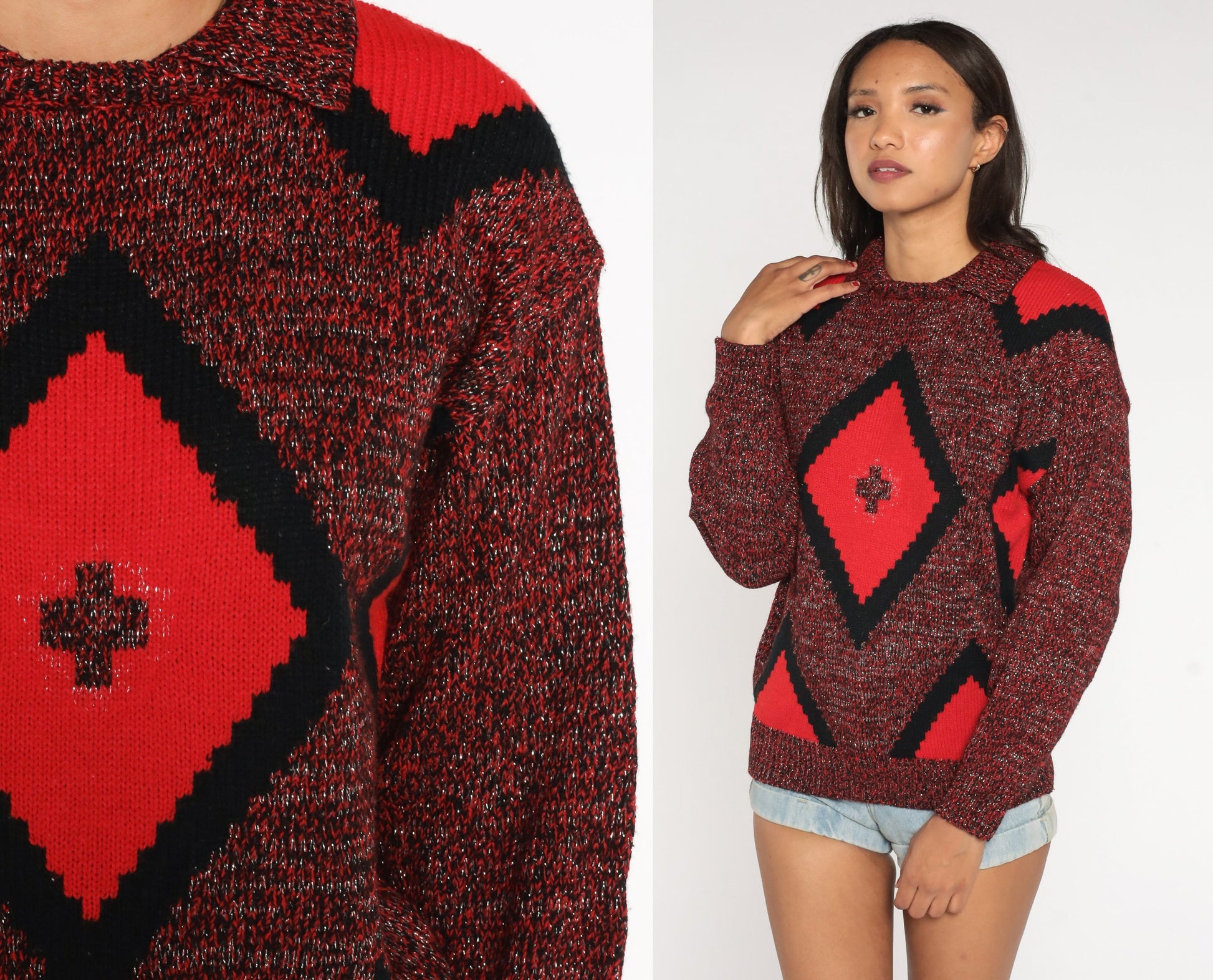 80s Metallic Red Diamond Jacquard Knit Sweater Collared Pullover Small S