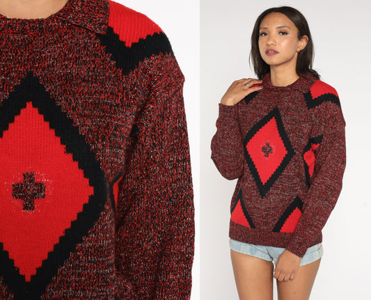 80s Metallic Red Diamond Jacquard Knit Sweater Collared Pullover Small S