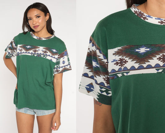 90s Southwestern Geometric T-Shirt Green Ringer Neckline Large L
