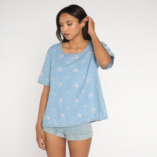 90s Blue Denim Floral Embroidered Shirt Short Sleeve Pullover Extra Large