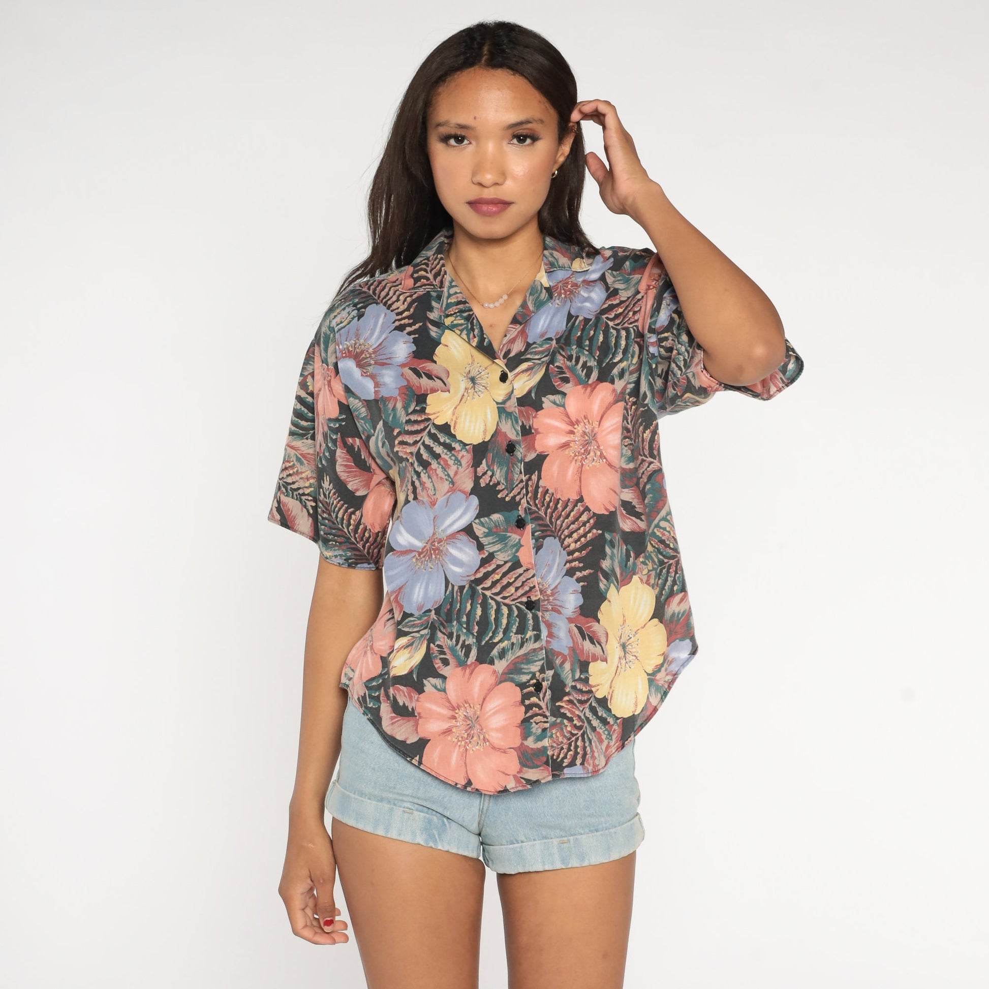 90s Tropical Floral Button-Up Blouse Short Sleeve Purple Yellow Orange Green Medium Large
