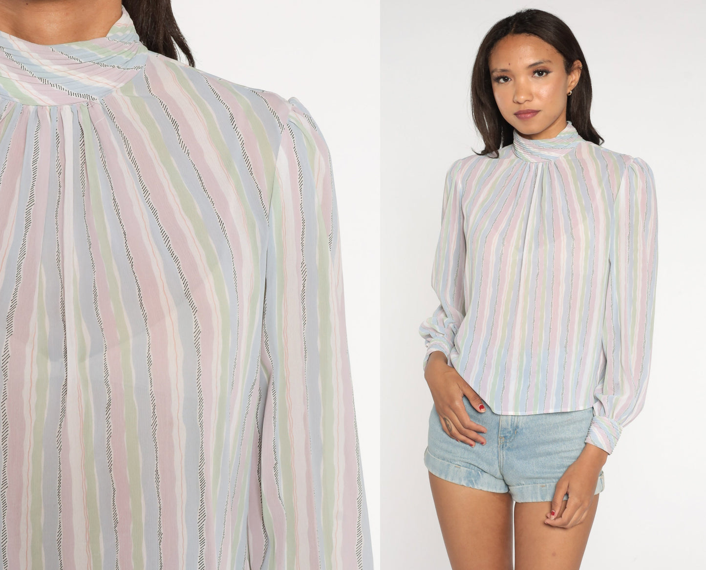 80s Pastel Striped Puff Sleeve Blouse Mock Neck Button Back Lavender Small
