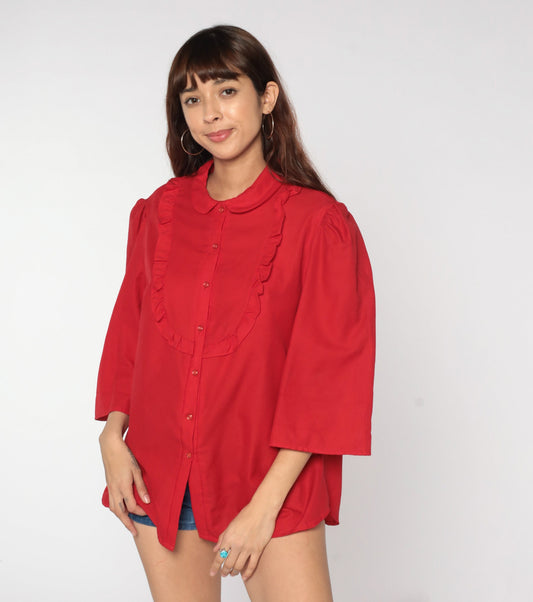 80s Red Ruffle Bib Blouse Peter Pan Collar Puff Sleeve Button Up Large