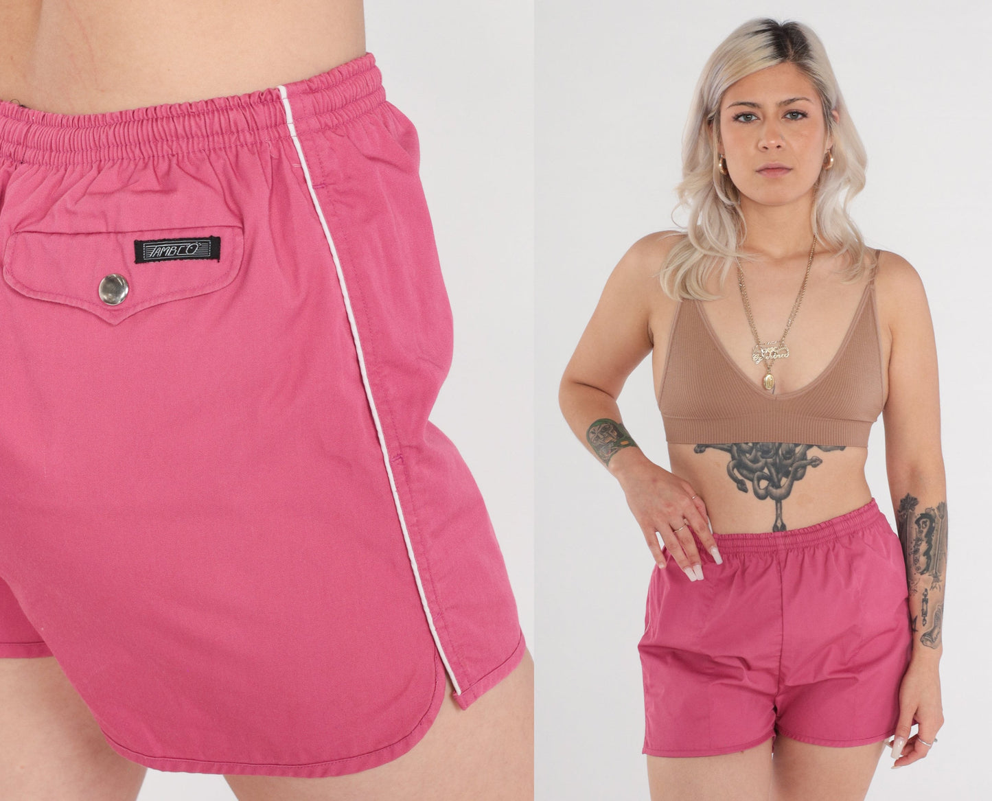 80s Pink Swim Trunks White Piping Elastic Waist Shorts Medium