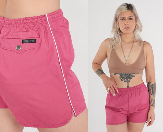 80s Pink Swim Trunks White Piping Elastic Waist Shorts Medium
